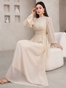 Veilorie Ladies' Solid Color Round Neck Ruffle Sleeve Elegant Arabic Style Dress  Soft Dresses  Yellow Dress  Wedding Guest Dress Women  Summer Outfits For Women, Modest - Apricot - View 2