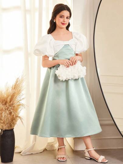 SHEIN فستان أميرة بياقة مربعة بأكمام قصيرة وتصميم جاكار للفتيات المراهقات