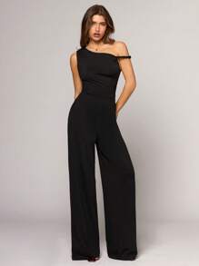 SHEIN BAE 女式黑色不对称领阔腿连体裤，时尚休闲简约风格，适合聚会、派对、婚礼、伴娘、返校、毕业、度假、节日服装、夏装、俱乐部服装、商务休闲 - 黑色 - 查看 6