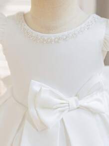 SHEIN Glamorique Kids 女童春夏圆领串珠装饰 V 形背部设计可拆卸大蝴蝶结缎面派对连衣裙 - 白色 - 查看 5