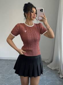 Elenzga Women's Crew Neck Bow Embroidery Short Sleeve Knit Top - Redwood - View 4