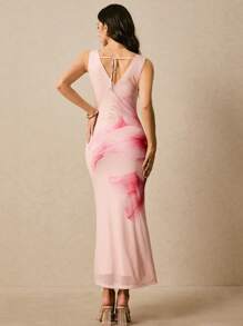 Poéselle Women's Mesh Floral Print V-Neck Backless Romantic Holiday Dresses Long Dresses Lace-Up Decoration Comfortable, Fashionable Suitable For Summer - Baby Pink - View 5