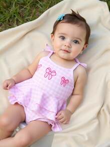 Baby Girl Cute Bow Print Ruffle One-Piece Swimsuit - Pink - View 1