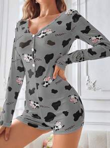 女士奶牛印花V领长袖睡衣连体裤，秋冬款 - 灰色 - 查看 5