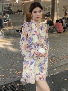 DAZY Full Floral Print Loose Long Sleeve Cinched Waist Casual Vacation Shorts Jumpsuit For Women, Summer,Ruffle Boho Rompers For Women - Purple - View 6