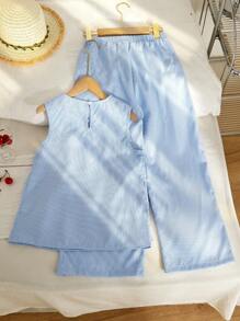 女孩休闲碎花 2 件套 - 藍色 - 查看 2