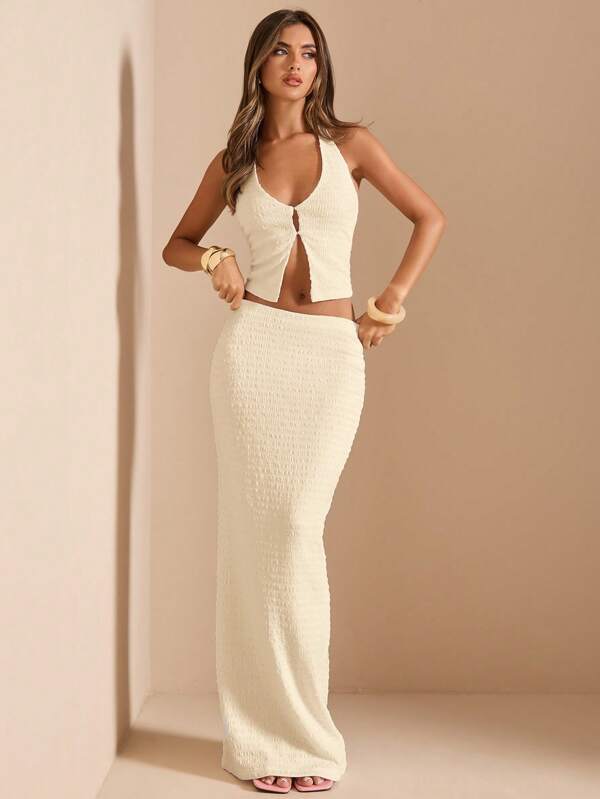 SHEIN BAE 2 Pieces Set - Solid Color Sexy Deep V-Neck Halter Textured Camisole & Low Waist Long Maxi Skirt, Women's White Resort Outfit Island Vacation Outfits