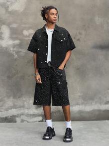 ROMWE MEN Street Life Chemise décontractée en denim ample à simple boutonnage avec décoration de strass pour hommes - Noir - Voir 5