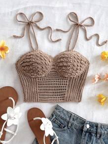Soleia Top de punto minimalista y liso para mujer, adecuado para uso diario, vacaciones en la playa, primavera y verano, apto para otoño/invierno - Caqui - Ver 4