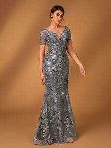 Serin Spring And Summer Elegant Romantic Dark Gray Sequins Positioning Embroidery One Shoulder Short Sleeves Slim Fishtail Hem Suitable For Dinner Bachelorette Party Date Holiday Music Festival Dance Wedding Event Bride Mother Dress, Valentine's Day Mother Of The Bride Dress - Chic Modest Lace Dress For Special Day - Grey - View 8