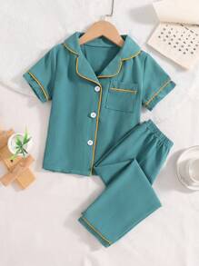 2pcs Boys' Pajama Set, Lake Blue And Yellow Color Block Simple Lapel Short Sleeve Shirt And Long Pants, Woven Fabric - Blue - View 6