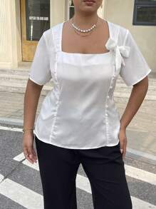 Flirla Blusa in stile romantico francese da donna taglie forti con arricciature e decorazione a fiocco - Bianco - Visualizzare 4