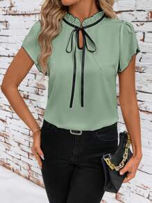 SHEIN Clasi Figurbetonte Damen Kontrastfarben Kurzarm Bluse Sommer für Lehrerinnen Land Sommer - Minzgrün - Übersicht 5