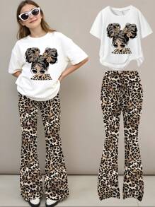 GraphicGems 2pcs/Set Tween Girls Leopard Print Short Sleeve T-Shirt And Pants - Multicolor - View 5