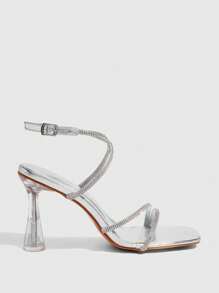 CUCCOO SZL Sandalias de mujer con puntera cuadrada y cadena de strass plateados, zapatos de vestir con tacón grueso transparente, tacones altos - Plateado - Ver 4