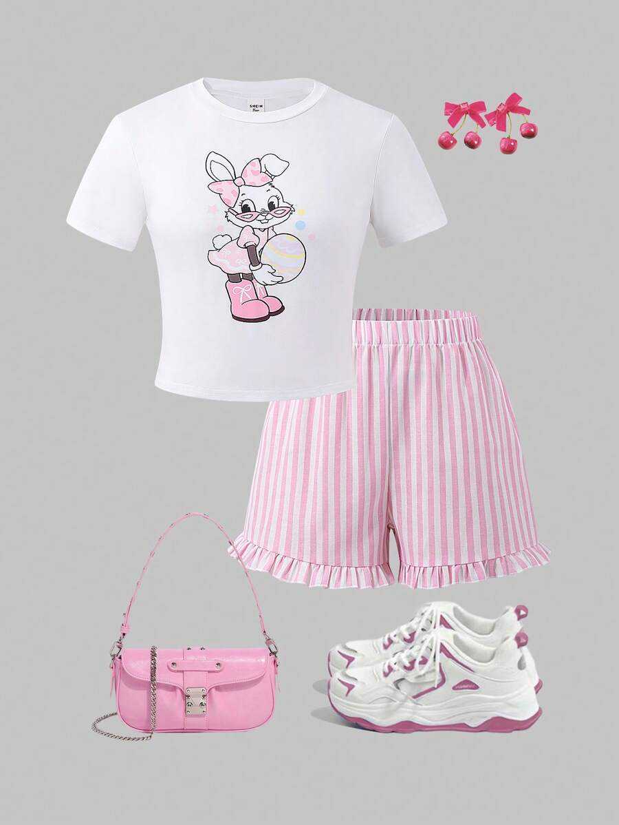 SHEIN Explorewe 2pcs Set Teen Girls Easter Cute Rabbit & Egg Print Slim Fit Striped Short Sleeve Top & Shorts Set, Casual Wear For Daily, Party, Summer - Multicolor - View 1