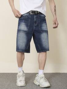 Manfinity Hypemode 男士休闲宽松带口袋及膝牛仔短裤 - 深色水洗藍 - 查看 3