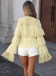 INAWLY Women Autumn Contrast Lace Ruffle Hem Elegant Blouse, Long Sleeve Women Shirt Fall Cloth For Women