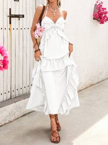 SHEIN VCAY Women's Solid Color Ruffle Backless Maxi Vacation Dress - White - View 7