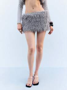 LYSMO Women's Light Grey Shaggy Mini Skirt: Chic And Playful Polyester Party Skirt With Ruched Detailing For A Stylish Night Out - Light Grey - View 7