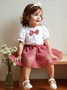 Souflis Souflis Baby Girls Casual Elegant College Style Ruffle Collar Short Sleeve Blouse And Skirt 2Pcs Set, Summer