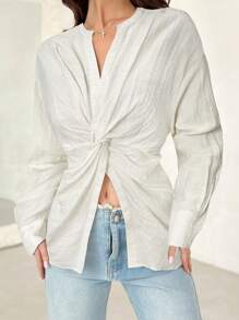Firerie New Linen-Like Cool Fabric Twisted Tie Drop Shoulder Shirt - White - View 5