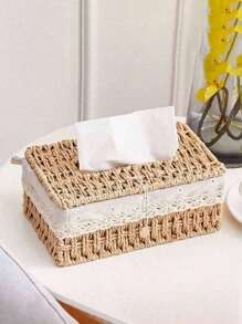 1pc Woven Tissue Box Holder, Rectangular Covered Tissue Box, Rattan Wicker Tissue Box Holder, Bohemian Style Decorative Woven Tissue Dispenser