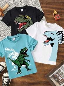 3pcs Young Boys Leisure Street Japanese And Korean Cute Loose Card Cute Cartoon Dinosaur Printed Round Neck Short Sleeve T-Shirt Multi Piece Set Suitable For Daily Travel, Sports, Home Vacation Wearing Suitable For Spring And Summer Festivals