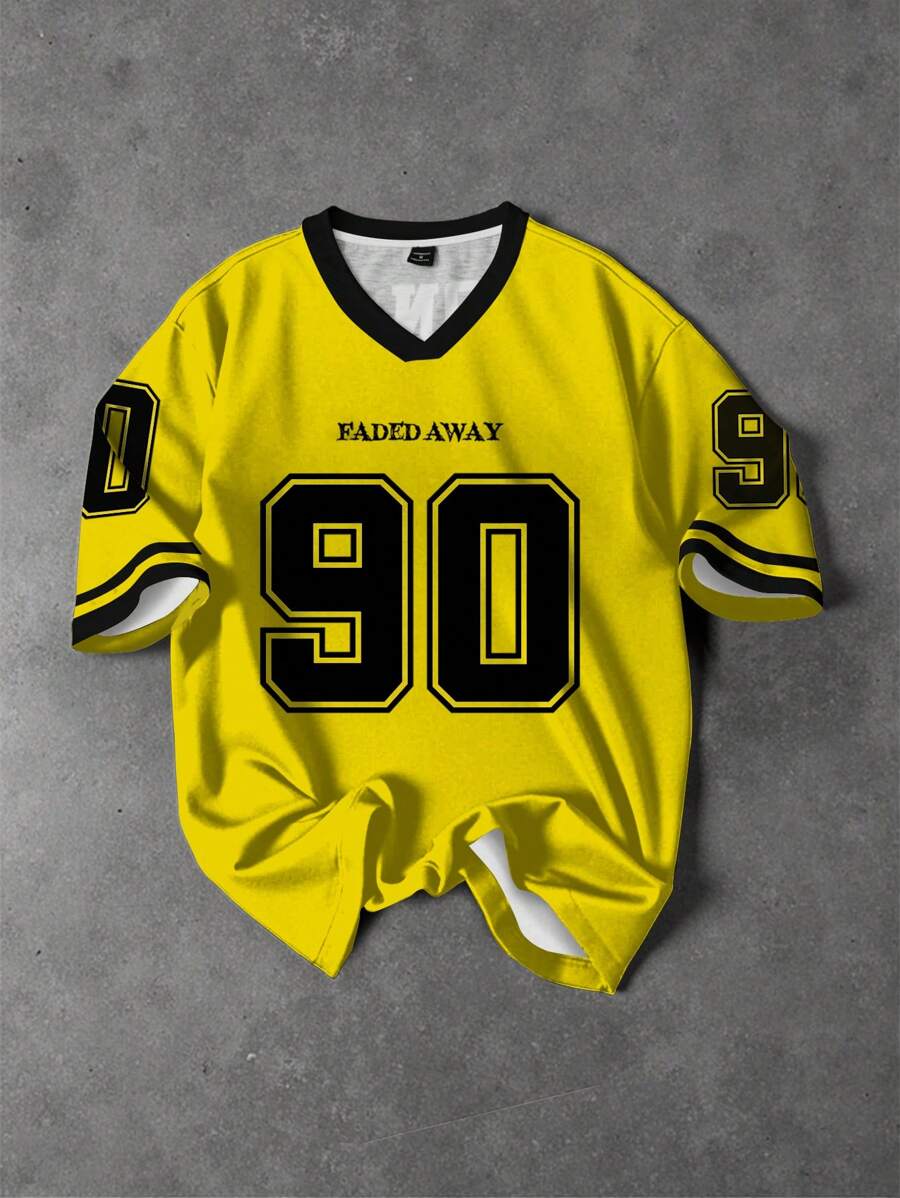 Aesthetic Post--Men's Casual Yellow Polyester V-Neck T-Shirt With Contrast Binding And Number 90 Graphic