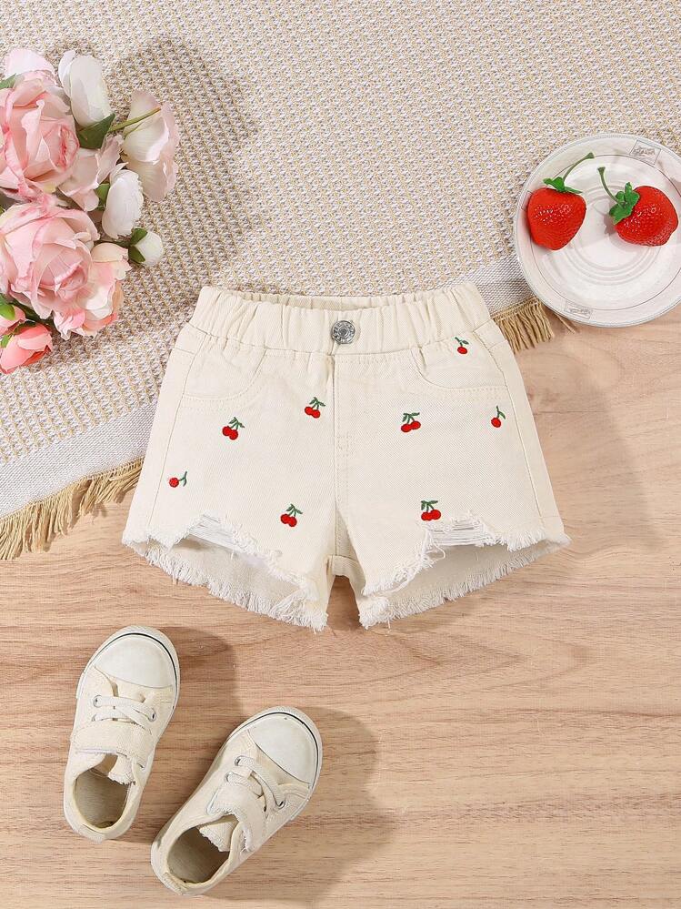 Baby Girl Cute Cherry Embroidery Ripped Denim Shorts,Holiday,Summer,Travel - Beige - View 8
