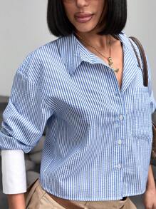 EURMUSE Striped Print Drop Shoulder Pocket Patched Shirt - Blue - View 4