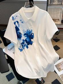 EMERY ROSE PLUS SIZE LUNE Women Ink Print Regular Fit Shirt,Short Sleeve Tops - Multicolor - View 1