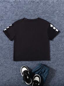 SHEIN 1pc Young Boy Short Sleeve T-Shirt, Streetwear Graphic Print, Comfortable, Versatile Knit Crew Neck Tee For Young Boy, Loose Fit Casual Sports Top Ideal For Travel, Holiday, Relaxation, Summer