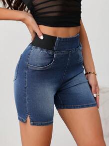 SHEIN Tall 女士休闲紧身弹力牛仔短裤，蓝色 - 深色水洗藍 - 查看 3