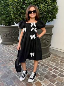SHEIN Nova Glow Tween 女童梭织蝴蝶结方领泡泡袖迷你连衣裙 - 黑色 - 查看 7