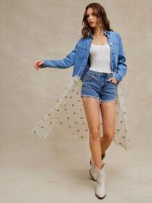 WESTFADE Western Cowgirl Mixed Media Denim & Spring Floral Embroidered Sheer Woven Collared Button Front Long Sleeve Maxi Shirt Jacket Summer Beach Vacation - Light Wash - View 5