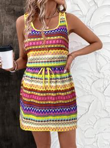 EMERY ROSE Vestido casual de vacaciones sin mangas para mujeres, con cuello cuadrado o en forma de U, cordón ajustable en la cintura, tejido de tela con textura a rayas de colores