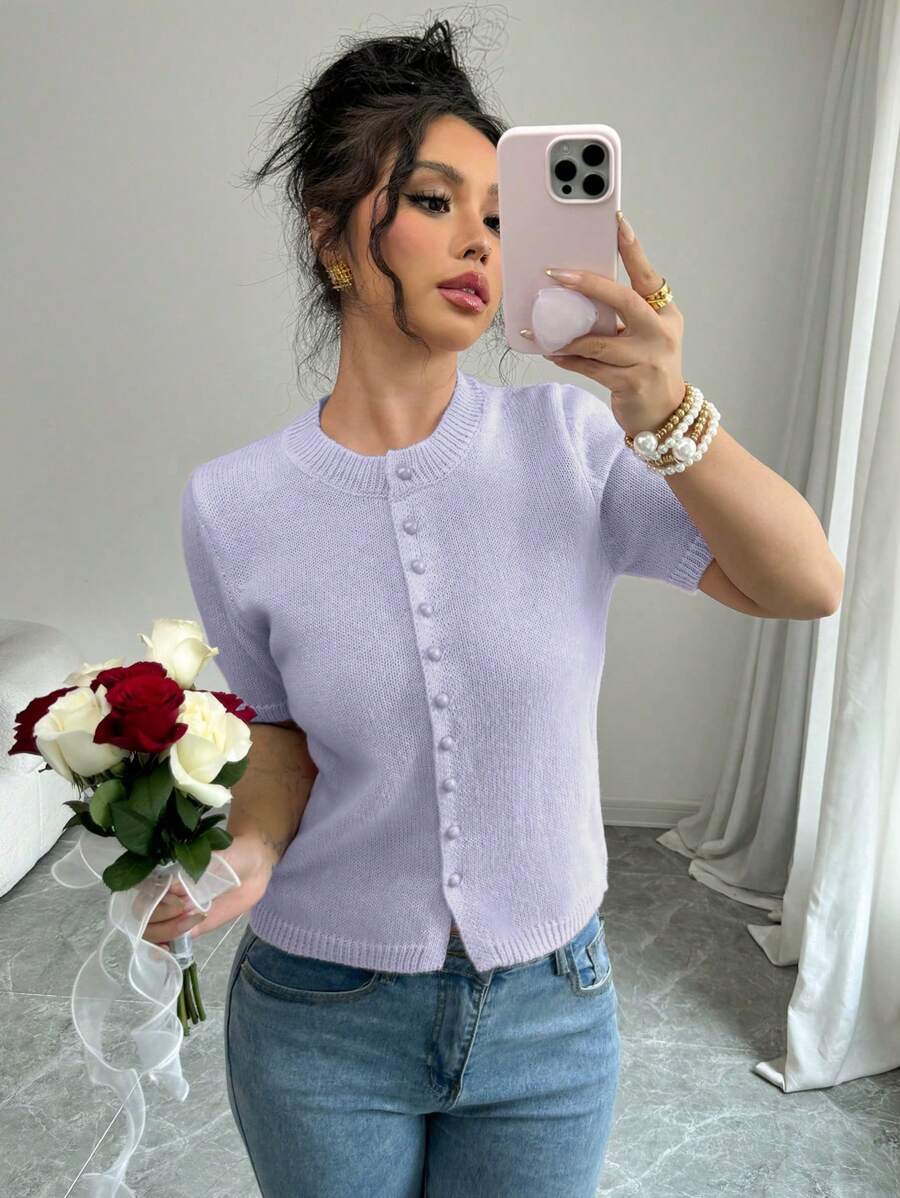Gloray New Casual Loose Pink Minimalist Button Knitted Pullover Top Women Short Sleeve Sweater - Mauve Purple - View 1