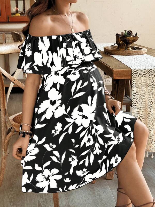 SHEIN Maternity Floral Print Off Shoulder Ruffle Hem Casual Dress