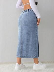SHEIN Tall Falda vaquera de mujer, casual y holgada, con abertura lateral, azul, midi, para mujeres altas, falda azul claro, falda azul, ropa de invierno para mujer