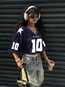 SHEIN EZwear Camiseta de verano casual de satén azul marino y panel de malla con estampado gráfico