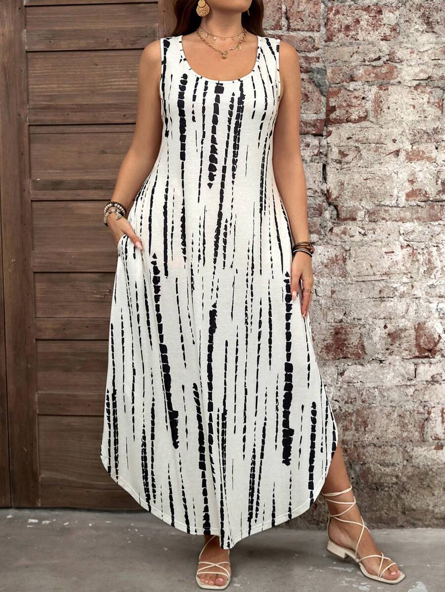 SHEIN LUNE Vestido longo estampado em cores contrastantes casual plus size para férias