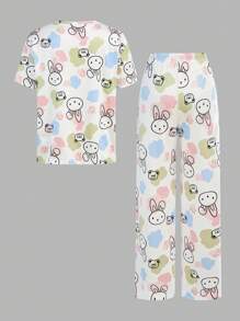 2件套青少年女孩休闲可爱卡通兔子印花圆领短袖T恤和宽松裤子睡衣套装 - 杏色 - 查看 3