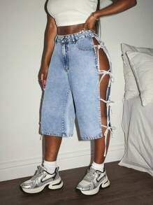 Slaydiva Plus Size Women Distressed Bowknot Detail Cropped Denim Jeans, Autumn Autumns For Women Festivals Cowboy - Blue - View 6