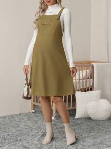 SHEIN Casual Maternity Solid Color Overall Dress - Green - View 4