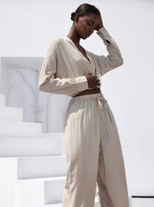 Aveloria Modichic New Fashionable High-End Chinese Style Oblique Button Strap Waist Linen Shirt Paired With Wide Leg Pants Casual Elegant 2 Pieces Set For Women Elegant Business Casual Women  - Khaki - View 5