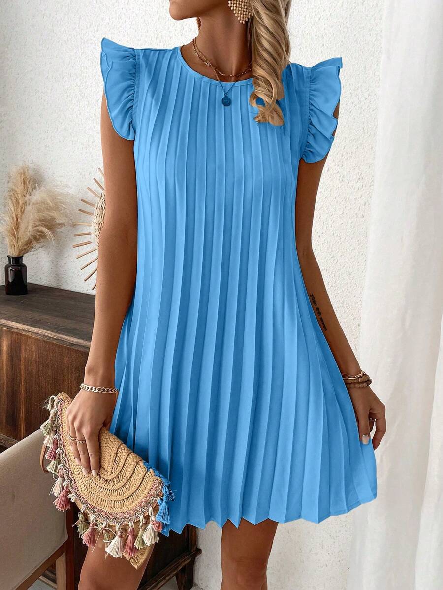 SHEIN Clasi 女式简约纯色荷叶边下摆褶皱休闲连衣裙，夏季 - 藍色 - 查看 1