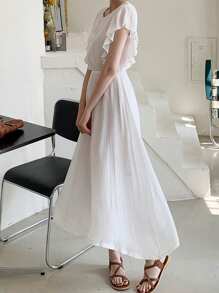 DAZY Đầm dài tay bèo cổ tròn màu trơn cho nữ, màu trắng, thanh lịch mùa xuân/hè, váy thường ngày cho nữ - trắng - Xem 6