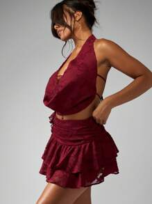 MISSGUIDED Top corto de halter de gasa de devore con cuello de capucha, detalle de volantes, sin mangas, para fiestas, clubes, festivales, eventos de verano y primavera, baile - Burdeos - Ver 5