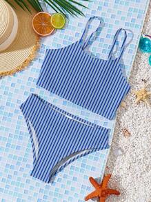 SHEIN Tween Girls Casual Minimalist Striped Contrast Color Tankini Two Pieces Swimwear, Suitable For Summer - Blue - View 2